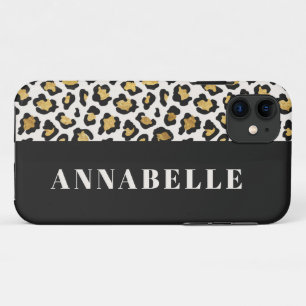 Leopard print initial typography bold modern gold iPhone 11 case