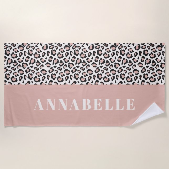 Leopard print initial typography pink girly modern beach towel (Front)