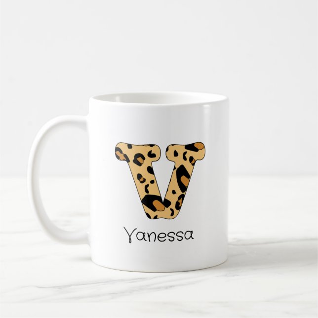 Leopard Print Initial v Lowercase and Name Coffee Mug (Left)