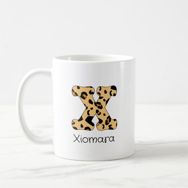 Leopard Print Initial x Lowercase and Name Coffee Mug (Left)