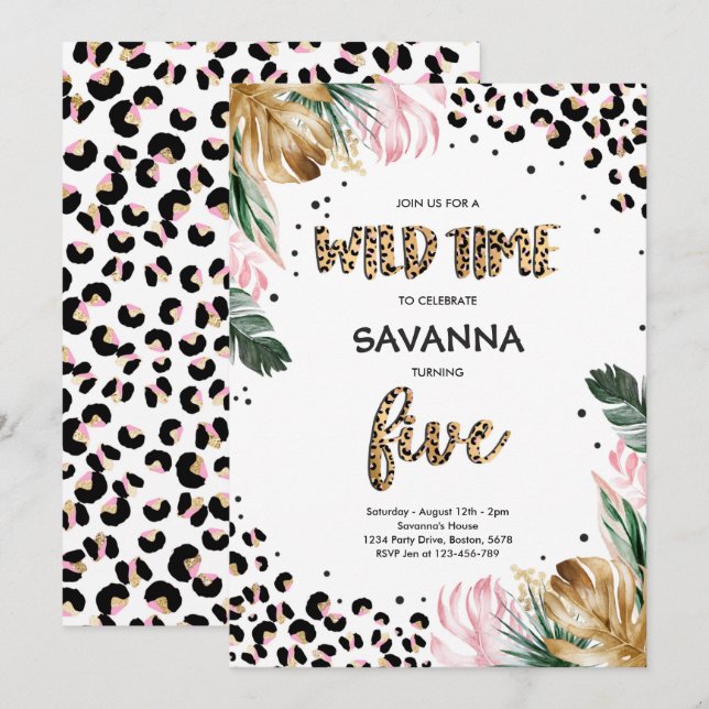Leopard Print Jungle Safari 5th Birthday Party  Invitation (Front/Back)