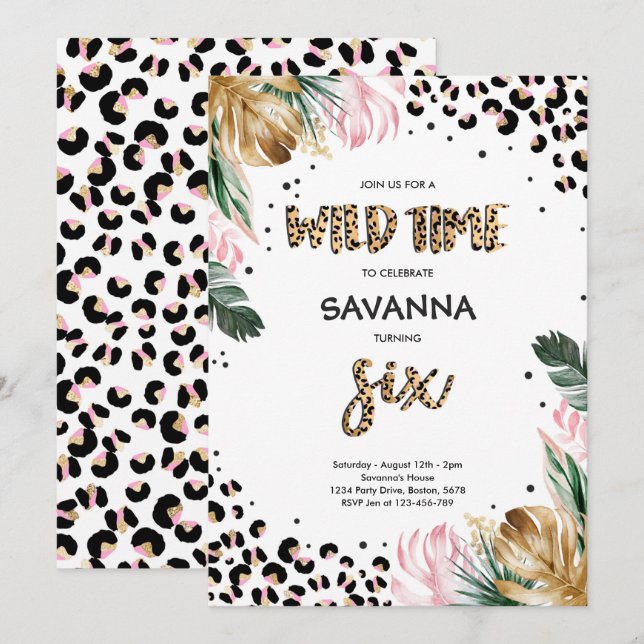 Leopard Print Jungle Safari 6th Birthday Party  Invitation (Front/Back)