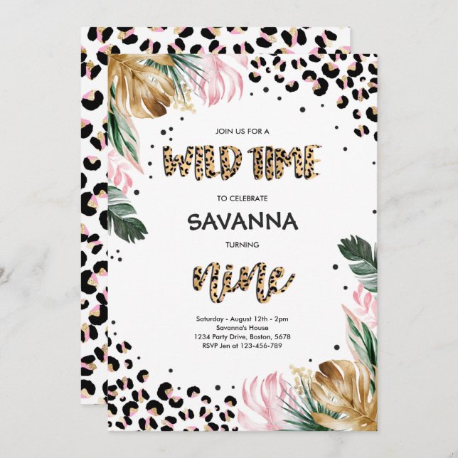 Leopard Print Jungle Safari 9th Birthday Party Invitation (Front/Back)