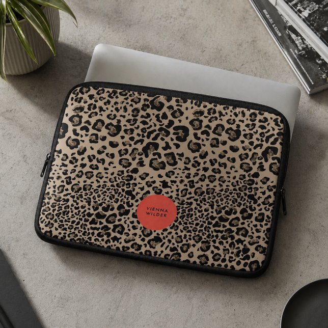 Leopard Print Laptop Sleeve | Neoprene Case (A fashionable laptop sleeve that blends bold animal print with a polished personalized touch.)