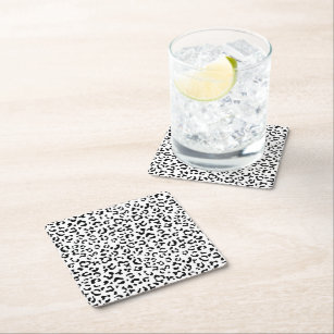 Leopard Print, Leopard Spots, Black And White Square Paper Coaster