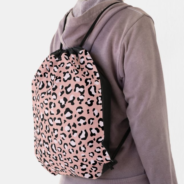 Leopard Print, Leopard Spots, Pink Leopard Drawstring Bag (Insitu)