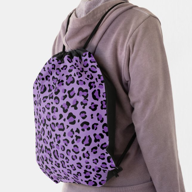 Leopard Print, Leopard Spots, Purple Leopard Drawstring Bag (Insitu)
