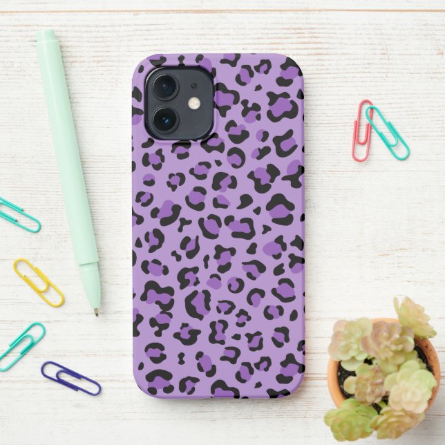 Leopard Print, Leopard Spots, Purple Leopard iPhone Case (On Desk)