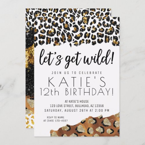 Leopard Print Lets Get Wild Gold Glitter Birthday Invitation