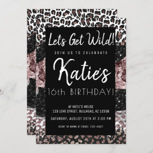 Leopard Print Let's Get Wild Rose Gold Birthday Invitation