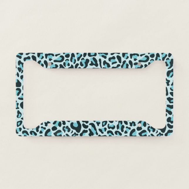 Leopard Print License Plate Frame Teal Blue Frames (Front)