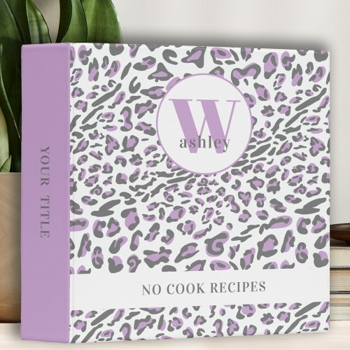 Leopard Print Lilac and Grey Monogrammed Recipe 3 Ring Binder