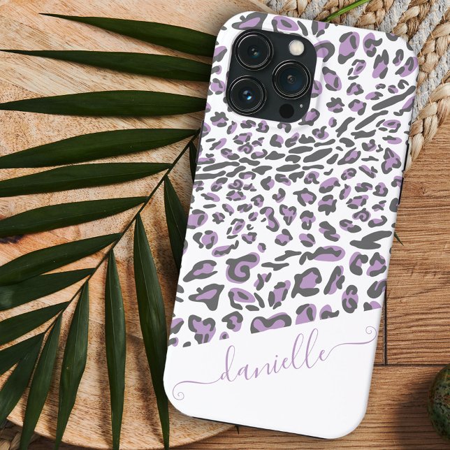Leopard Print Lilac Grey Elegant Script Name Case-Mate iPhone Case (Creator Uploaded)