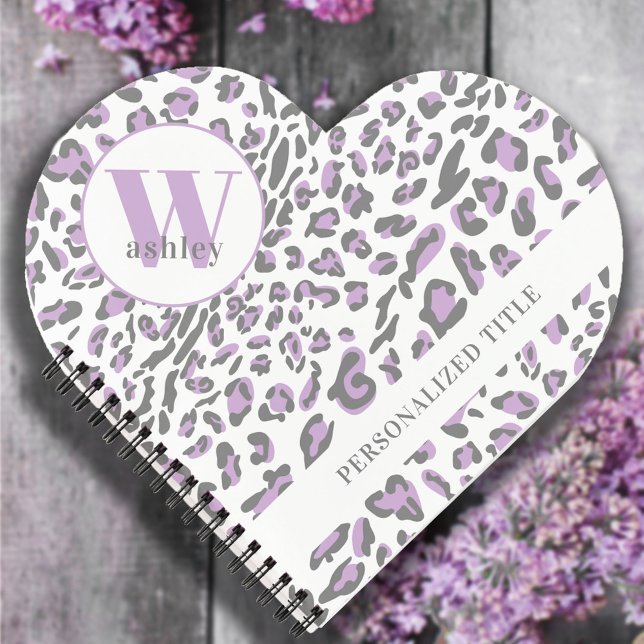 Leopard Print Lilac Grey Monogrammed Heart Shaped Notebook (Creator Uploaded)