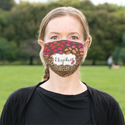 Leopard Print Lips Kisses Personalized Adult Cloth Face Mask (Outside)
