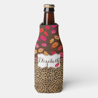 Leopard Print Lips Kisses Personalized Bottle Cooler