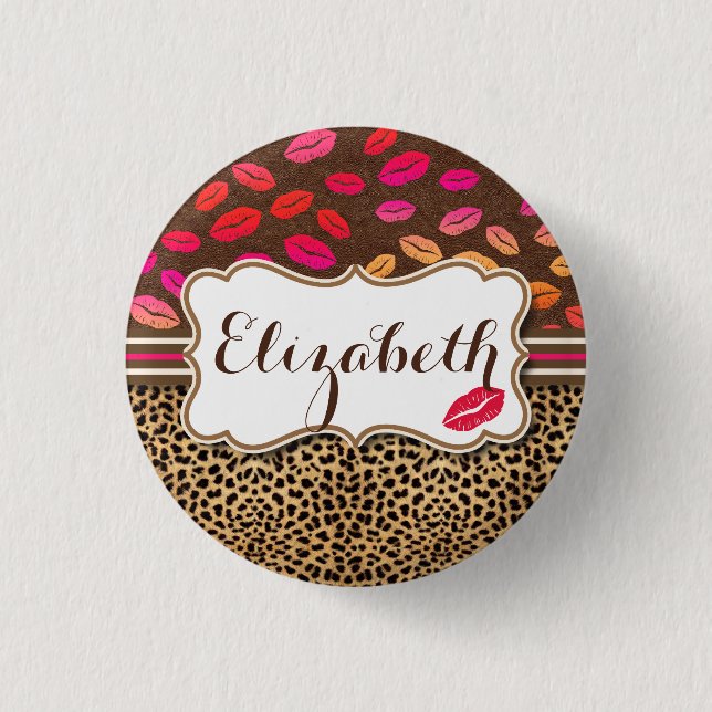 Leopard Print Lips Kisses Personalized Button (Front)