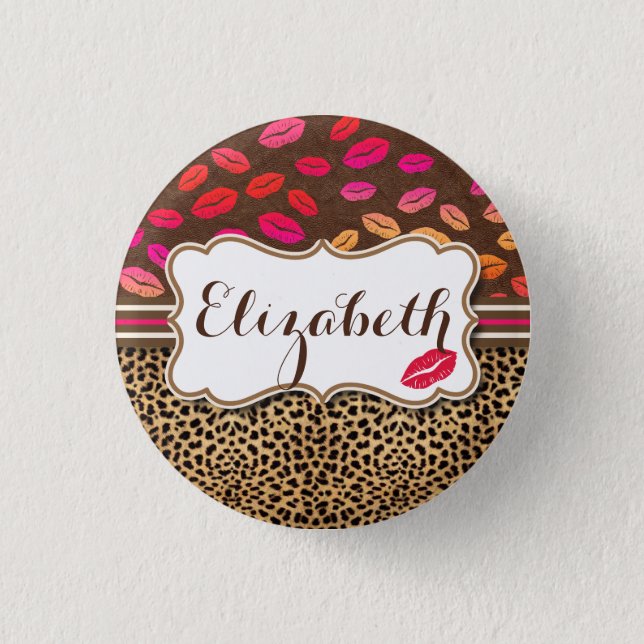 Leopard Print Lips Kisses Personalized Button (Front)