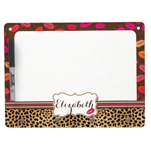 Leopard Print Lips Kisses Personalized Dry Erase Board With Keychain Holder