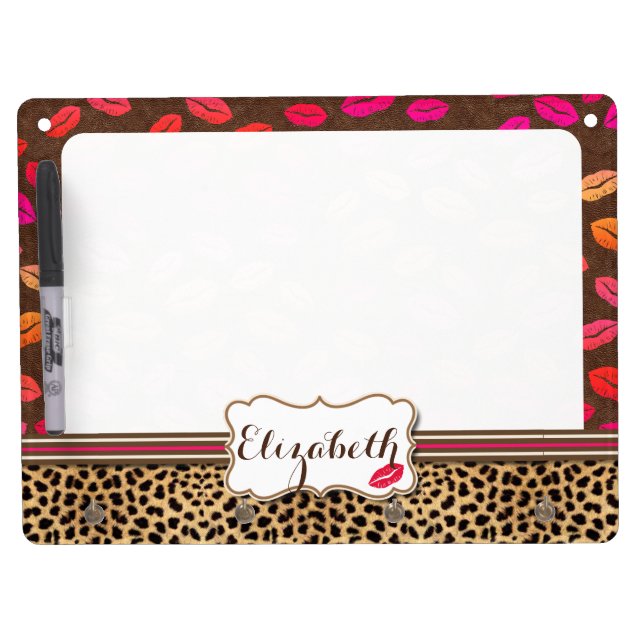 Leopard Print Lips Kisses Personalized Dry Erase Board With Keychain Holder (Front)