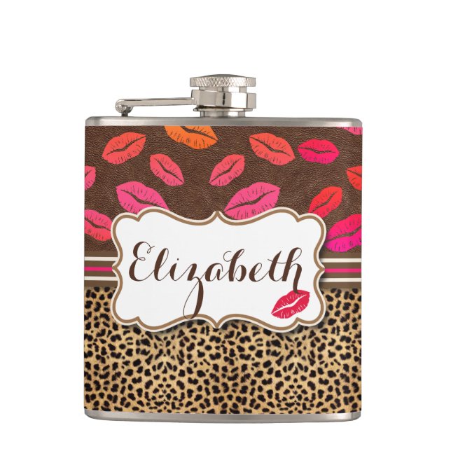 Leopard Print Lips Kisses Personalized Flask (Front)