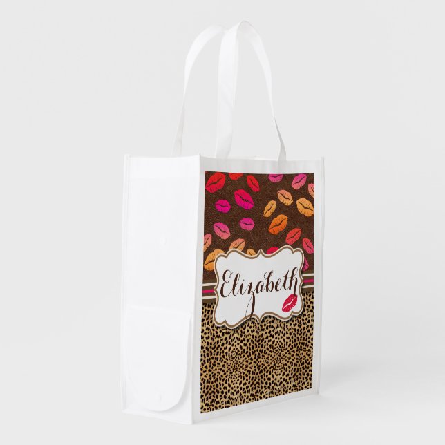 Leopard Print Lips Kisses Personalized Reusable Grocery Bag (Front Side)