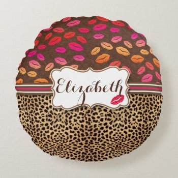 Leopard Print Lips Kisses Personalized Round Pillow by ironydesigns at Zazzle