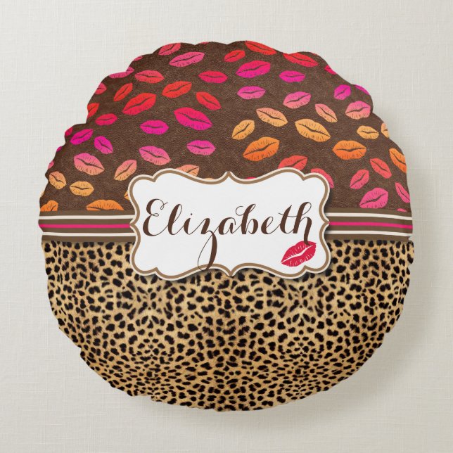 Leopard Print Lips Kisses Personalized Round Pillow (Front)