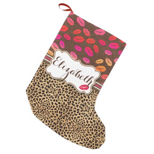 Leopard Print Lips Kisses Personalized Small Christmas Stocking