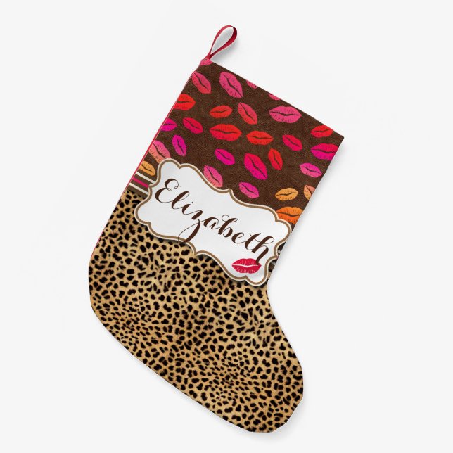 Leopard Print Lips Kisses Personalized Small Christmas Stocking (Front (Hanging))