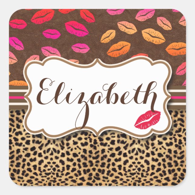 Leopard Print Lips Kisses Personalized Square Sticker (Front)