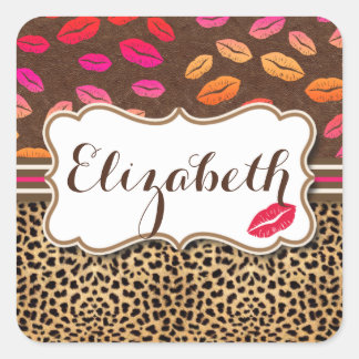 Leopard Print Lips Kisses Personalized Square Sticker