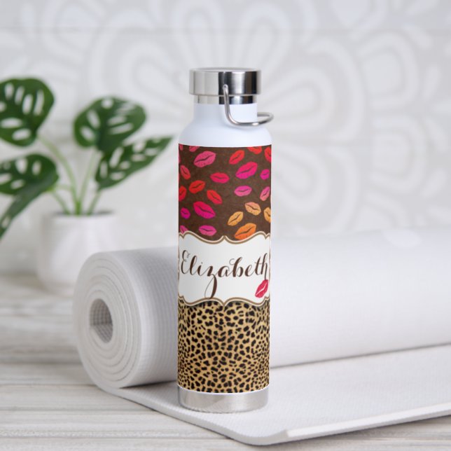 Leopard Print Lips Kisses Personalized Water Bottle (Insitu)