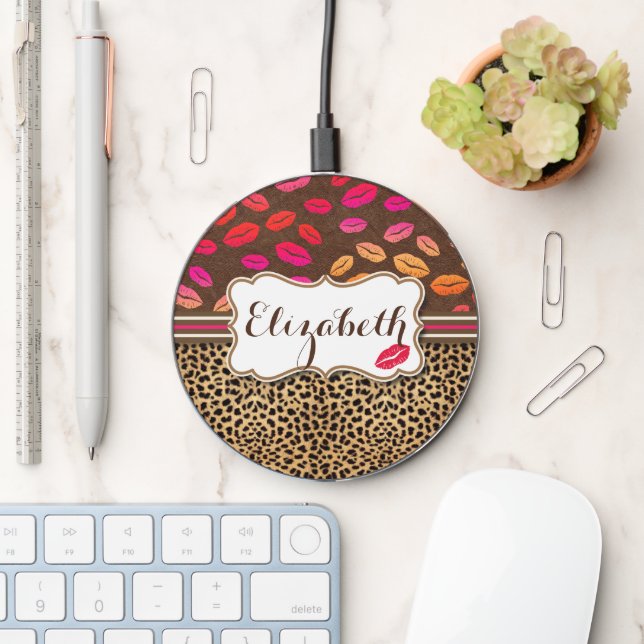 Leopard Print Lips Kisses Personalized Wireless Charger (Desk)