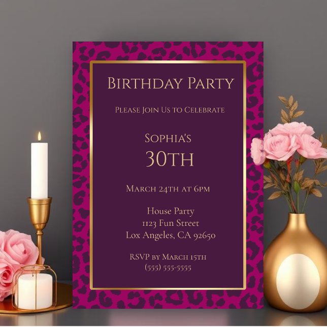 Leopard Print-Magenta-Birthday Invitation (Birthday-Leopard Pattern-Magenta- Invitation )