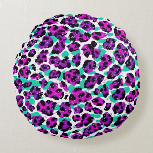 Leopard Print Magenta Pink Teal Blue Round Pillow