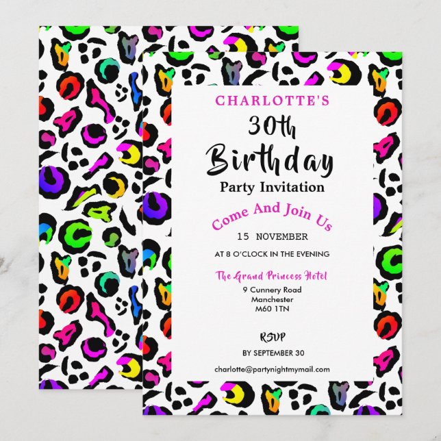 Leopard Print Modern Colorful Birthday Celebration Invitation (Front/Back)