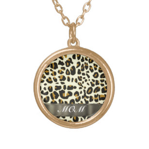 Leopard print mom text gold plated necklace