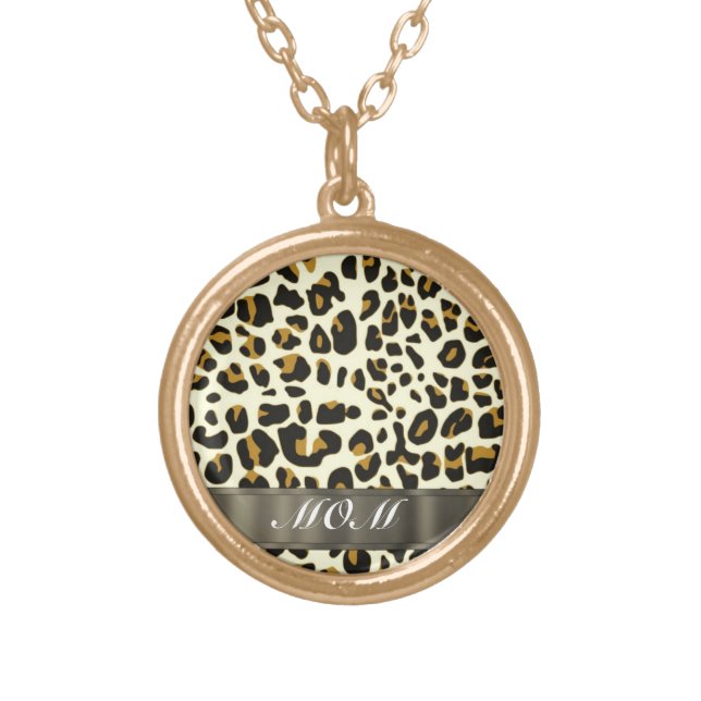 Leopard print mom text gold plated necklace (Front)
