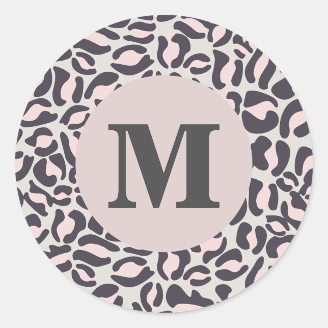 Leopard Print Monogram Classic Pink Jungle Party Classic Round Sticker (Front)