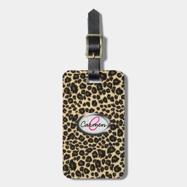 Leopard Print Monogram Luggage Tag (Front Vertical)