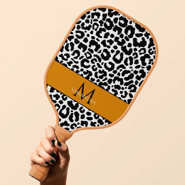 Leopard Print Monogram Name Black and White Pickleball Paddle (Animal Pattern Monogrammed Name Black White Sports Pickleball Paddle)
