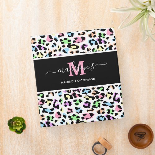 Leopard Print Monogram Photo Recipe Business 3 Ring Binder - Trendy animal print ring binder featuring a modern pastel rainbow leopard print pattern, your initials, and name in a elegant handwritten script font.