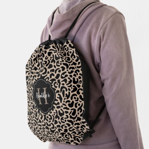 Leopard Print Monogram School Drawstring Bag