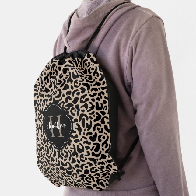 Leopard Print Monogram School Drawstring Bag (Insitu)