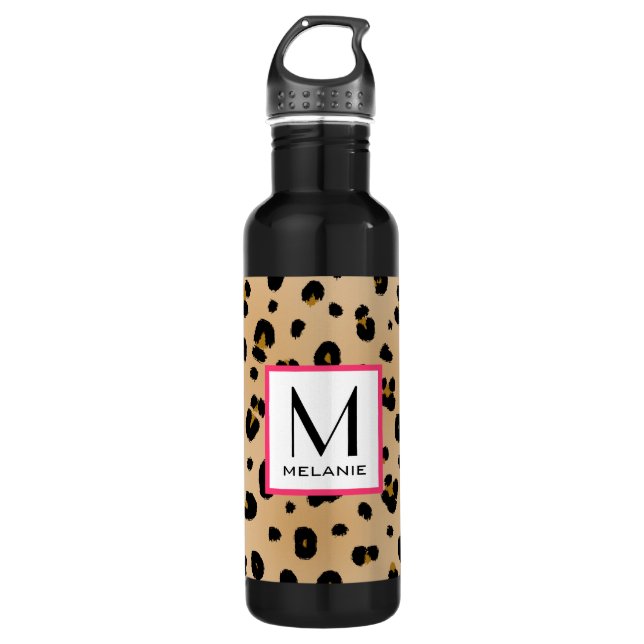 Leopard Print Monogram Stainless Steel Water Bottle (Front)