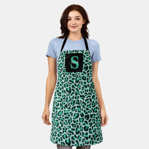 Leopard Print Monogram Trendy Teal Blue Apron