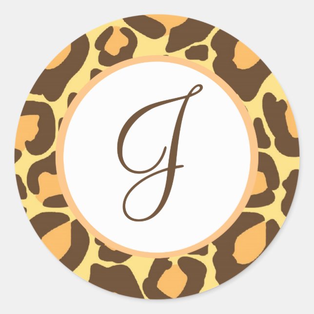 Leopard Print Monogrammed Classic Round Sticker (Front)