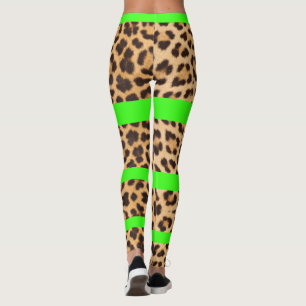 Leopard Print Neon Green Striped Womens Leggings