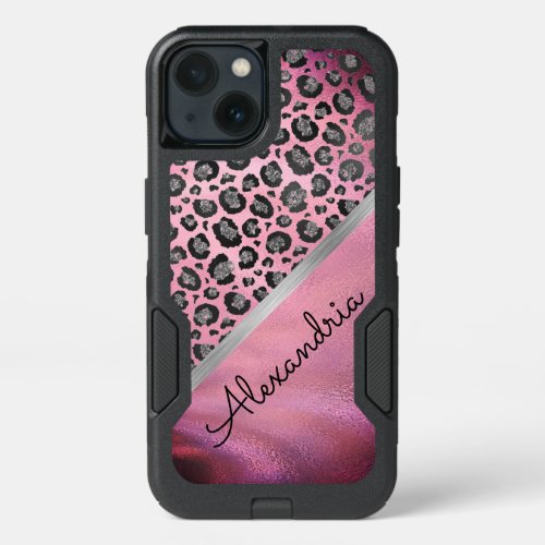  Leopard Print on Glossy Hot Pink Personalized iPhone 13 Case